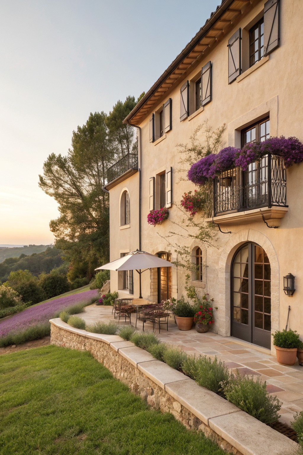 A two-story stucco house with dark shutters, a stone patio, arched doorway, and a low stone retaining wall at the front.