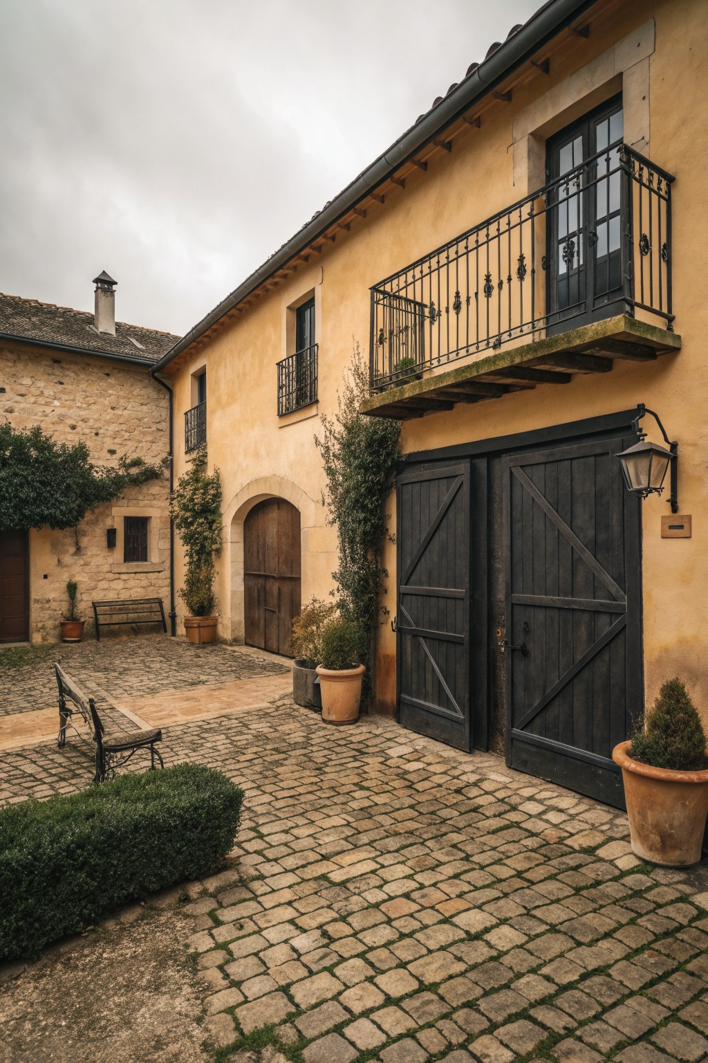 Cobblestone courtyard before yellow building with dark wooden doors and iron balcony