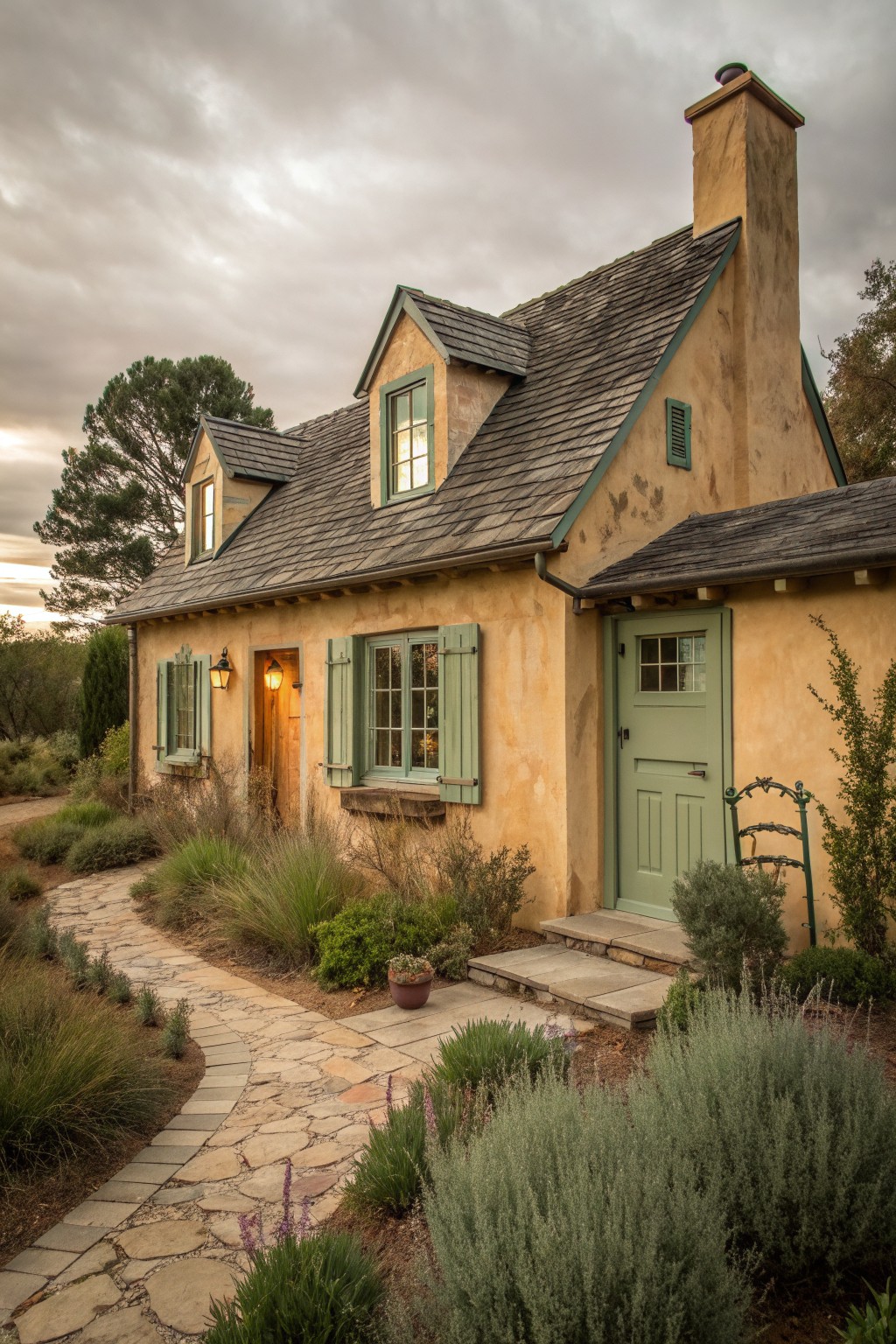 Stone path leads to peach cottage with green door, shutters, and garden.