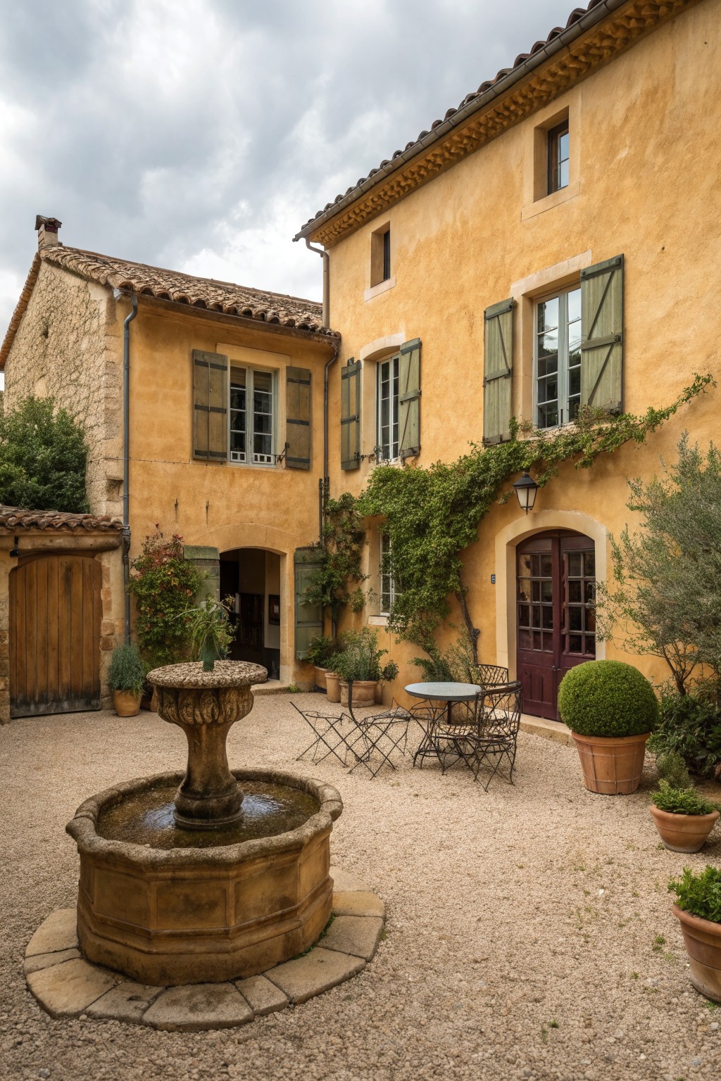 A gravel courtyard with a stone fountain in front of yellow stucco buildings featuring green shutters and a dark wooden door.