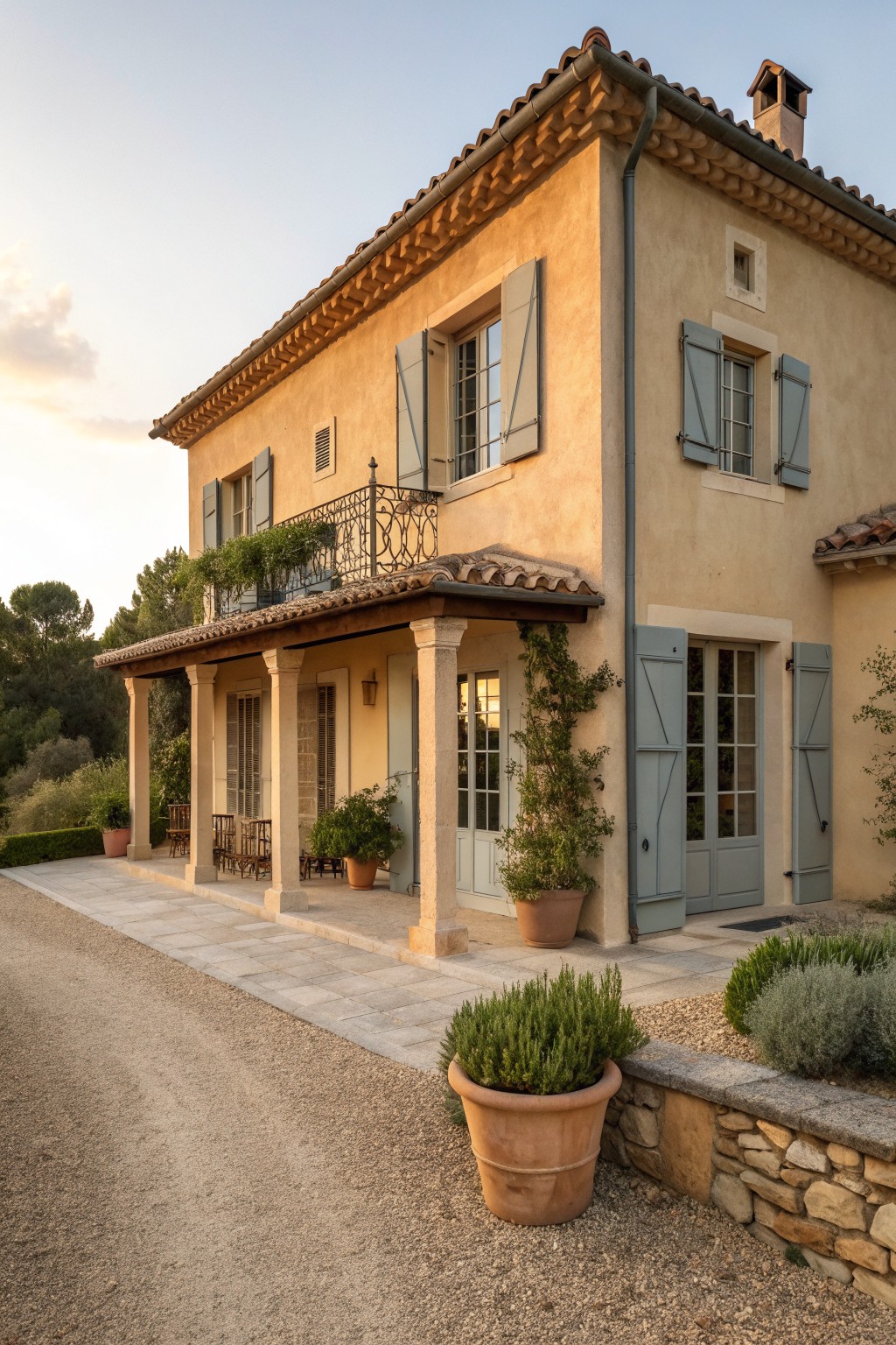 A two-story stucco house with warm beige walls, blue-gray shutters, a terracotta tile roof, and a covered porch supported by stone columns.
