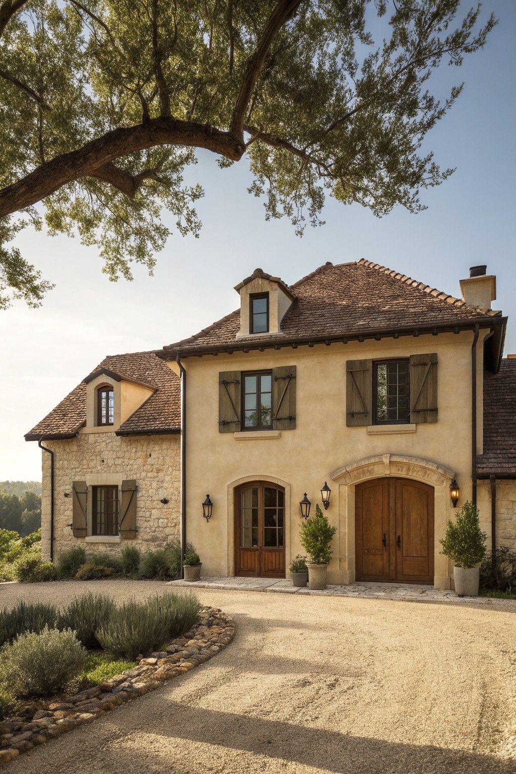 Provencal villa with beige stucco, stone walls, wooden shutters, and gravel drive