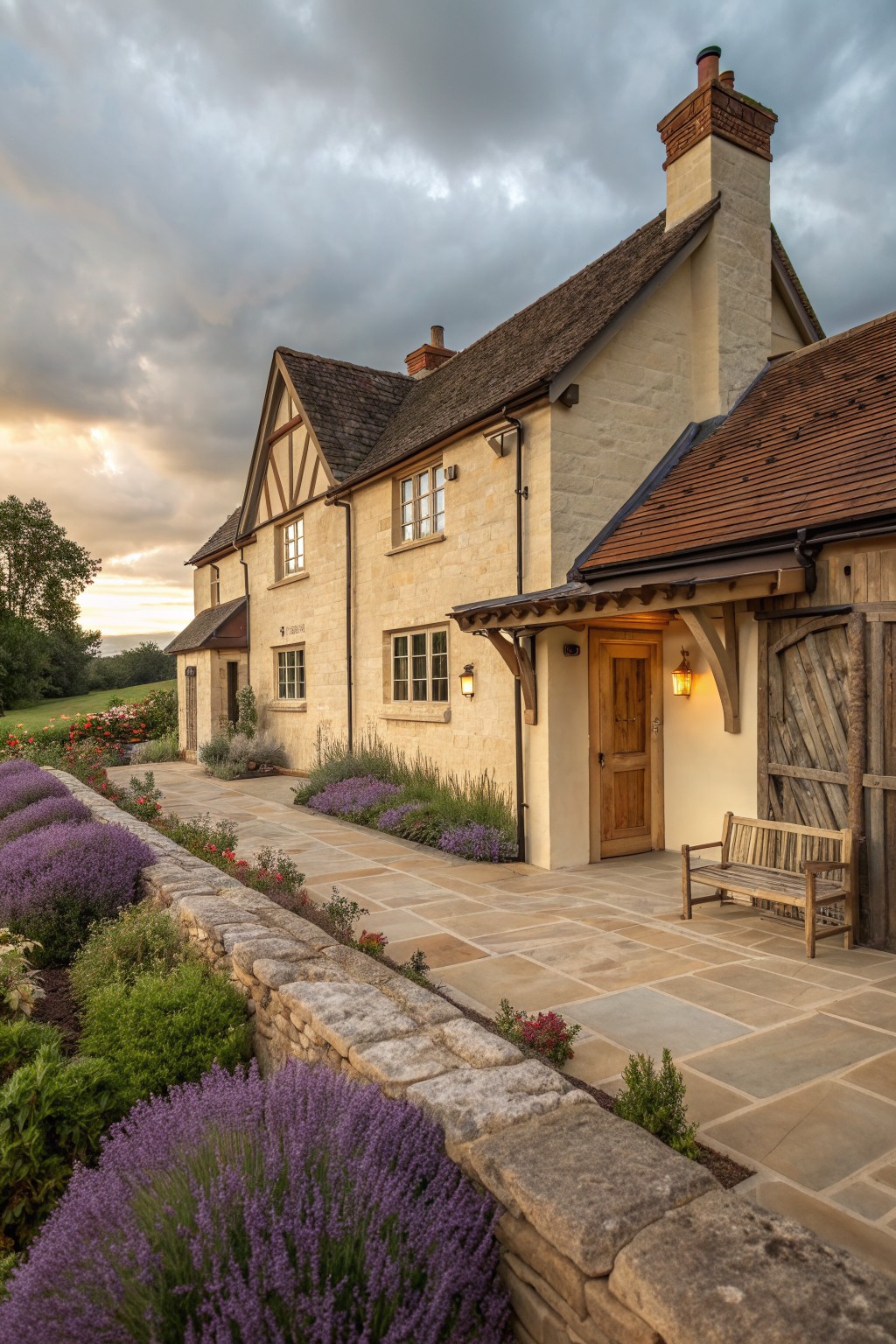 A two-story European farmhouse with warm stucco walls, a large stone chimney, brown tile roofs, and a low stone retaining wall lined with lavender.
