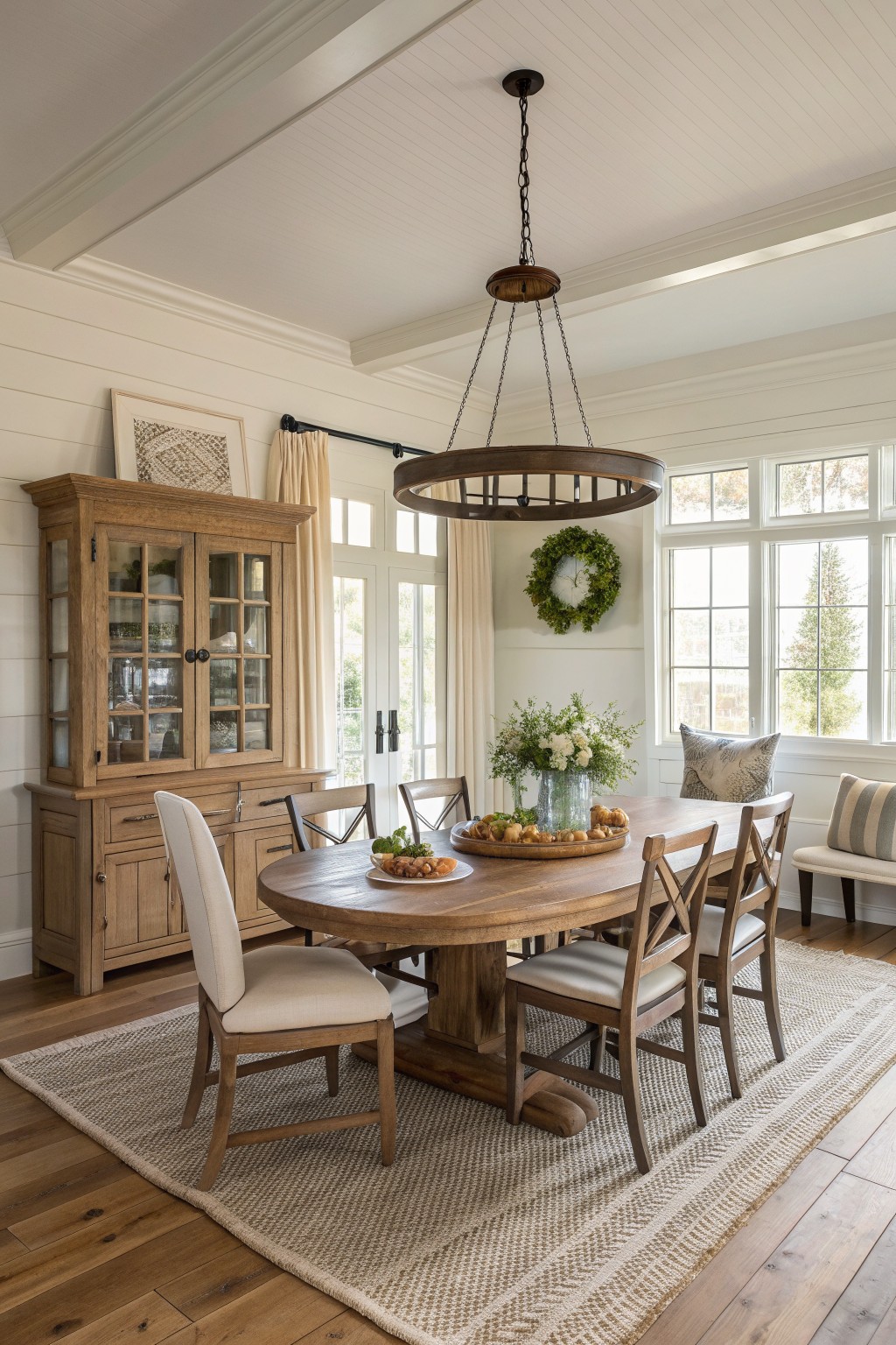 An interior view of a dining room featuring a large oval wooden table with mixed chairs on a textured rug, a rustic chandelier overhead, and a wooden hutch against the wall.