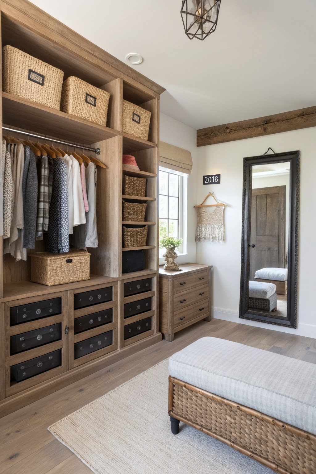 A walk-in closet featuring wooden built-in shelves, drawers, hanging rods with clothes, woven baskets, a large framed mirror, a bench, and a rug.