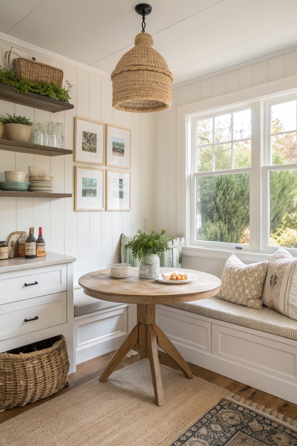 Cozy farmhouse nook with round wooden table, built-in bench, woven pendant light, and shelves
