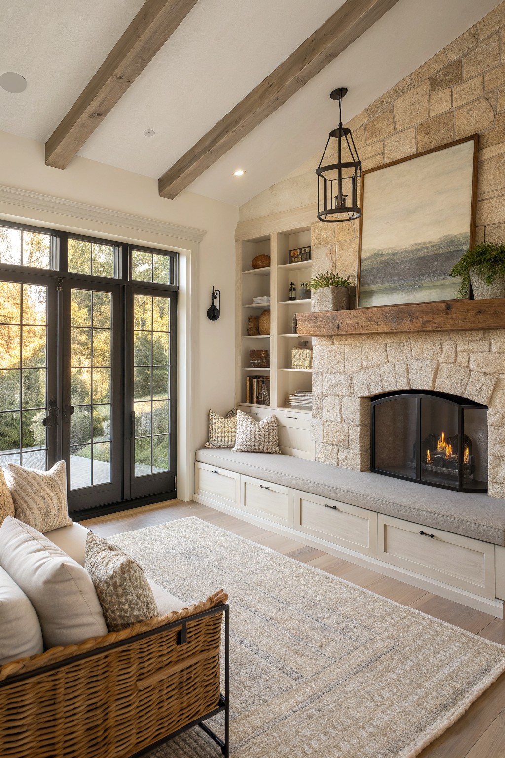 A living room with a stone fireplace, built-in white shelving and bench seating with drawers, and large glass doors to the outside.