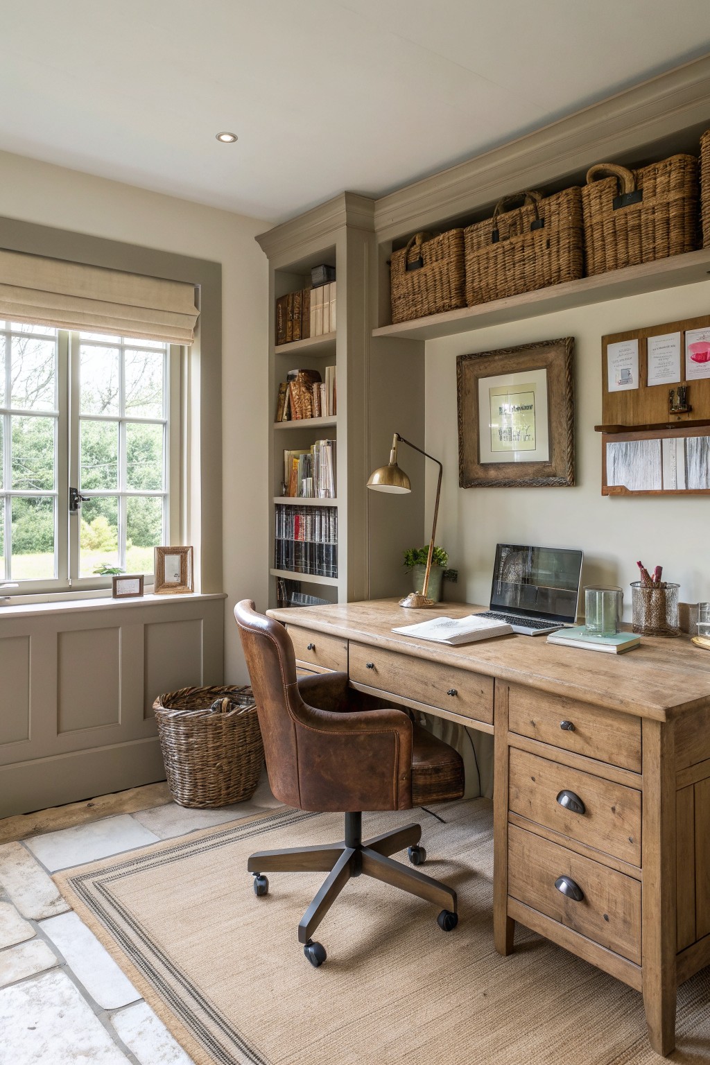 Rustic home office with wooden desk, leather chair, bookshelves, and large window.