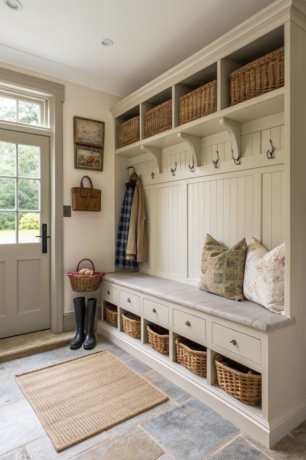 A cream built-in mudroom with open cubbies holding woven baskets, a cushioned bench with pillows, metal hooks on the upper paneling, and lower drawers beside a door.