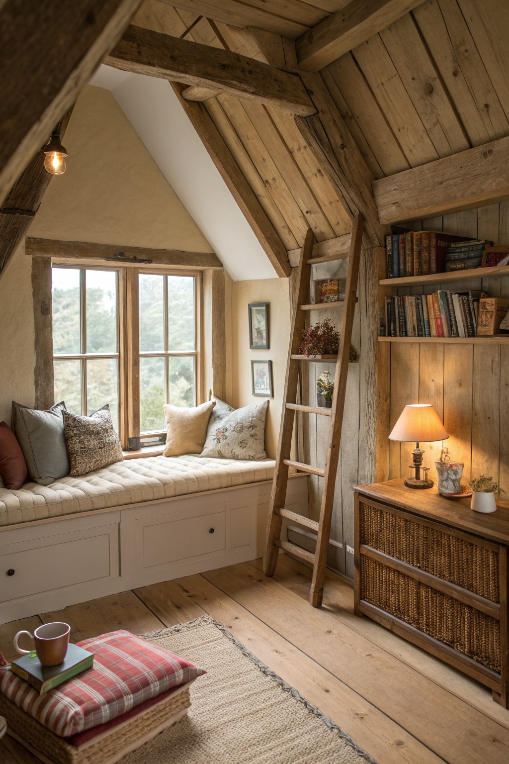 An attic interior with a built-in window seat under two windows, a leaning wooden ladder, exposed beams, and a chest of drawers with bookshelves.