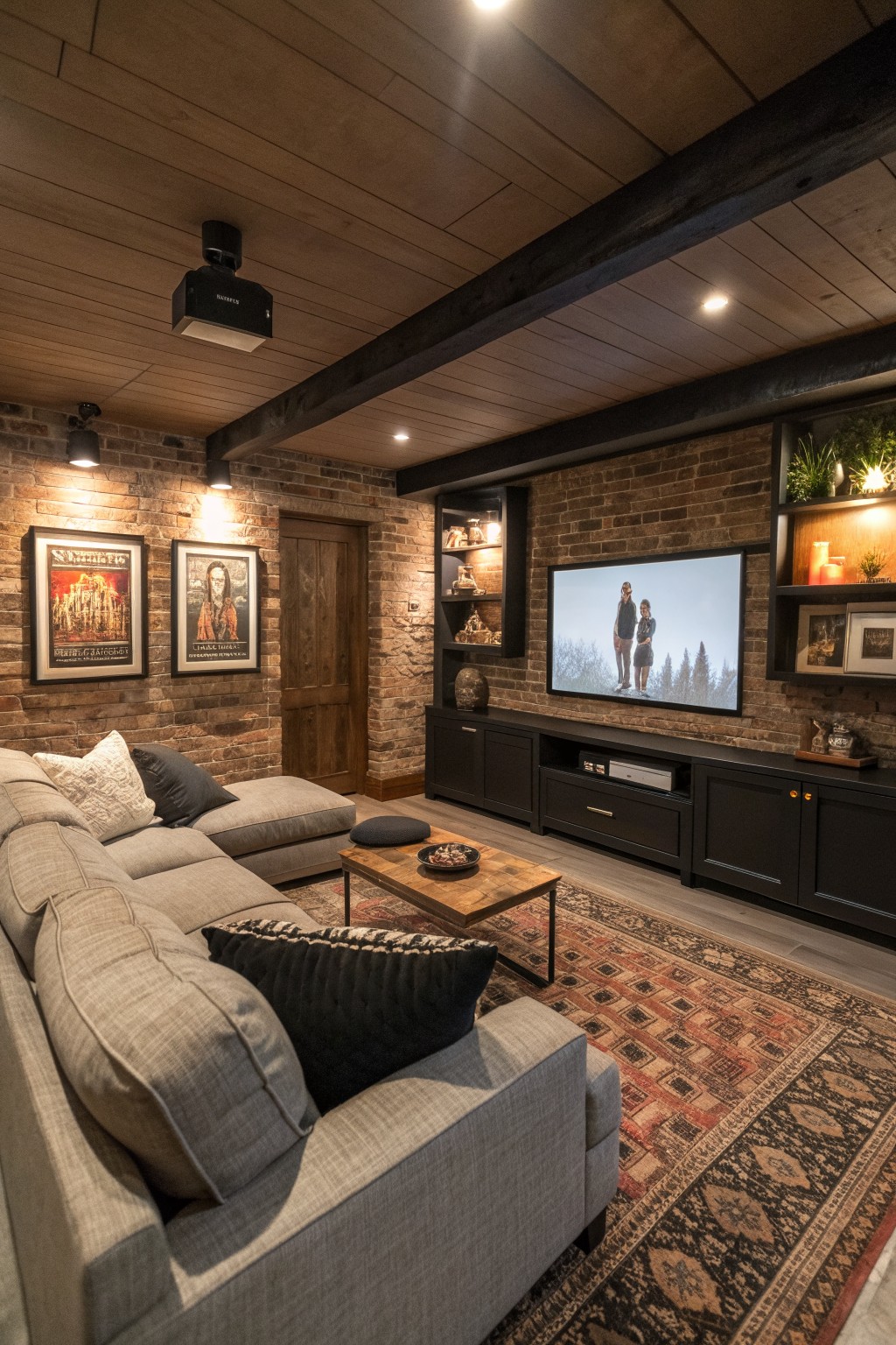 An interior view of a modern rustic media room with a gray sectional sofa, wooden coffee table, brick walls, built-in dark cabinetry and shelving around a television, and a ceiling-mounted projector.