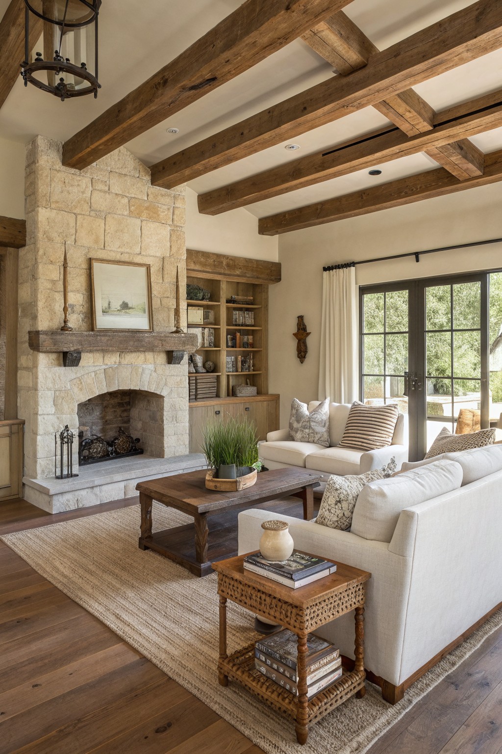 Rustic living room with stone fireplace, wooden beams, white sofas, and coffee table