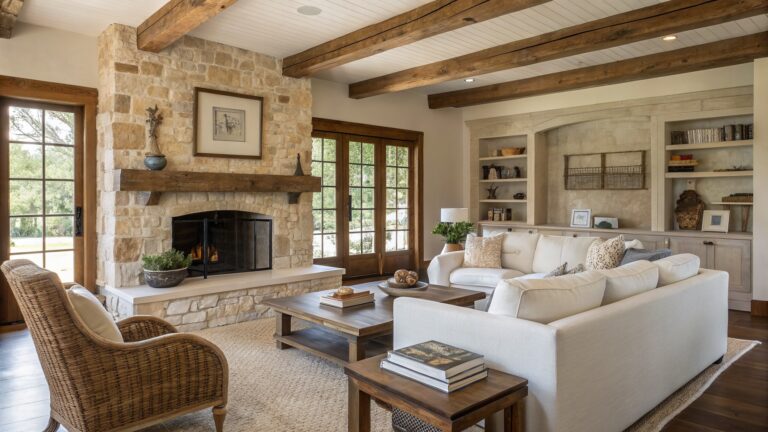 20 Timeless Modern Rustic Farmhouse Designs in Warm Neutral Palettes Rustic living room with stone fireplace, wooden beams, white sofas, and coffee table