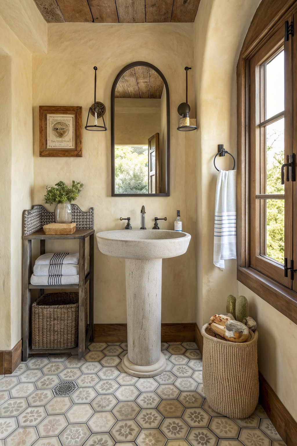 A bathroom with a stone pedestal sink centered below an arched mirror, a wooden console table on the left, patterned floor tiles, and a window on the right.