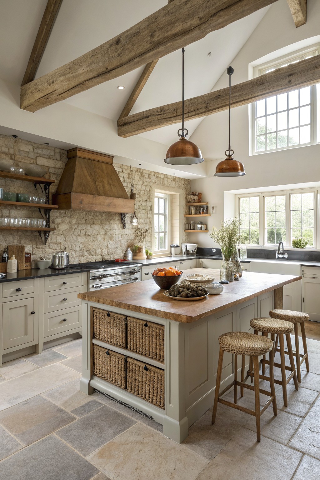 A large kitchen island with woven basket storage on the sides, wooden bar stools, copper pendant lights, and a stone backsplash in a bright room with exposed beams.