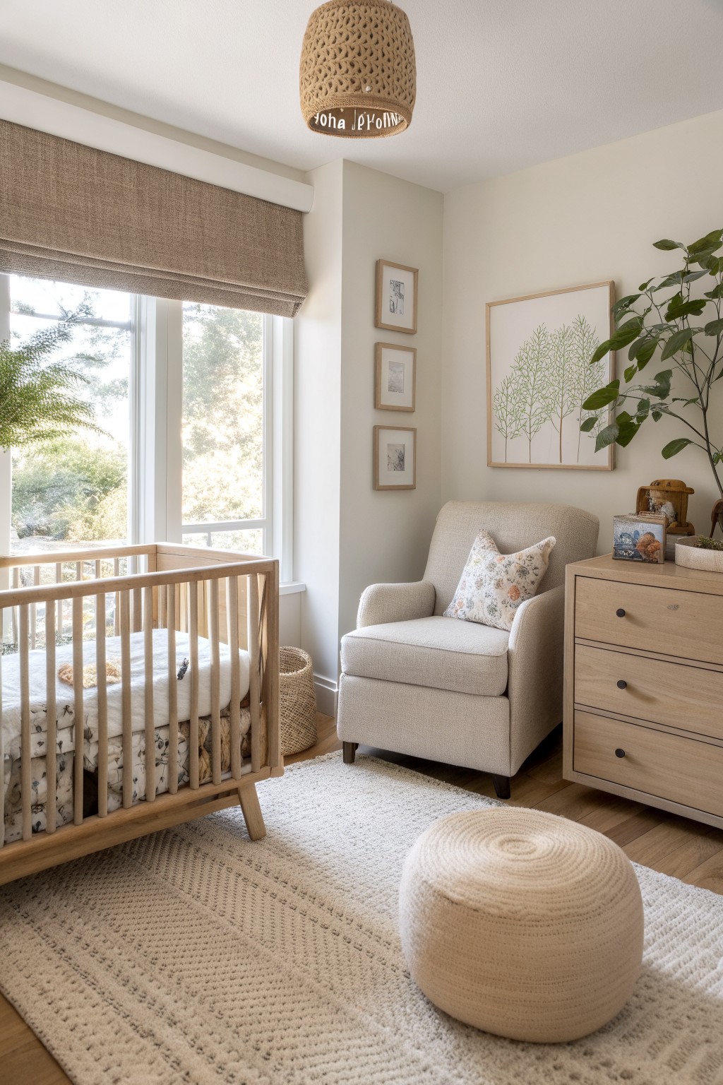 Cozy nursery with wooden crib, beige armchair, light wood dresser, and woven pouf.
