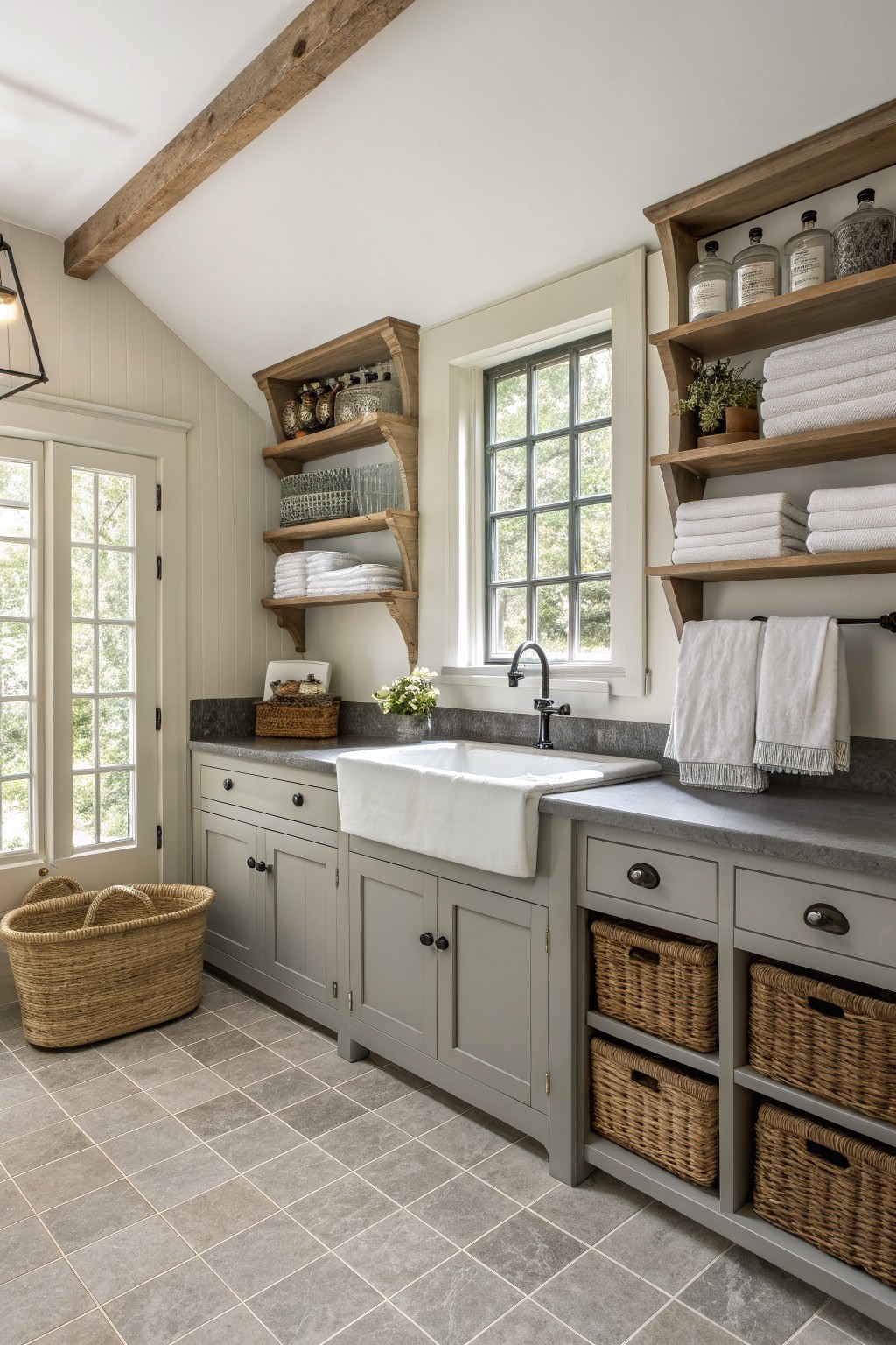 A laundry room featuring gray cabinets, a white farmhouse sink under a window, open wooden shelves with folded towels and glassware, and woven baskets stored in open cubbies.