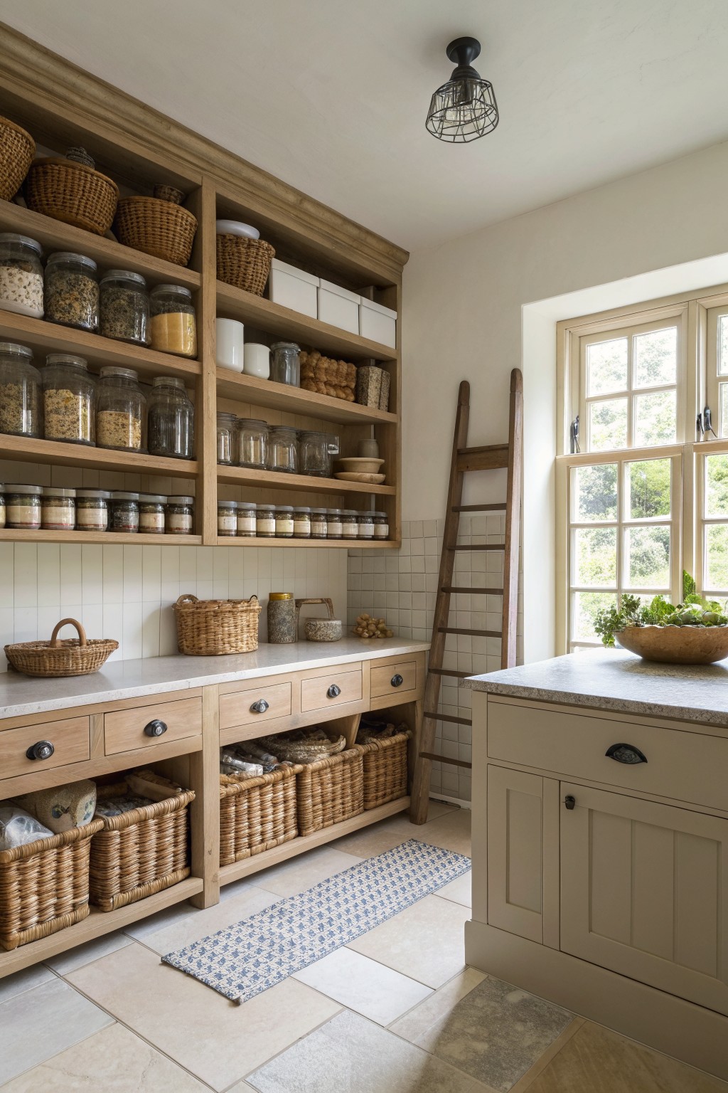 A kitchen interior with light wood open shelves holding glass jars and woven baskets above white countertops, lower cabinets, and a wooden ladder leaning against the wall.