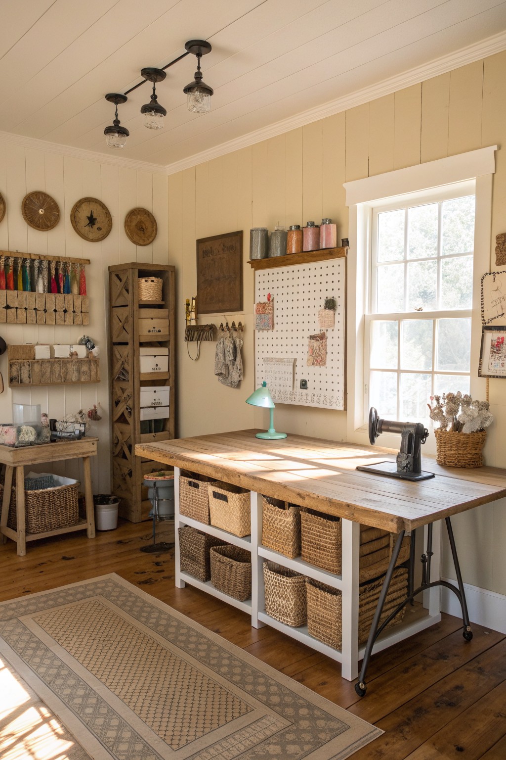 Bright craft room with wooden table, sewing machine, pegboard, baskets, and window.