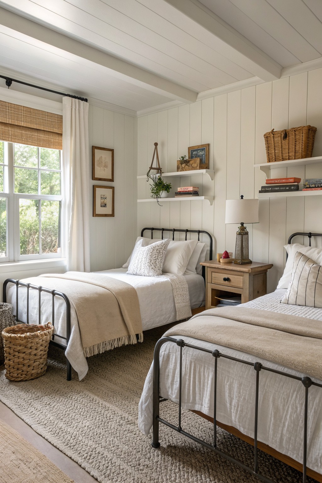 Two twin beds with black metal frames and neutral bedding share a wooden nightstand in a room with white shiplap walls, floating shelves, and a beige rug.