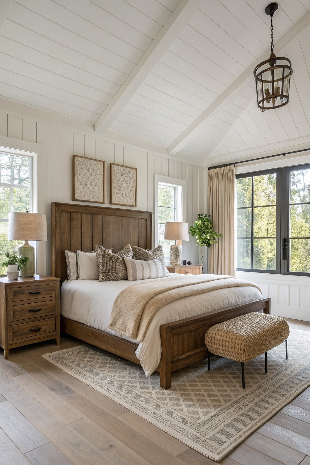 A bedroom featuring a wooden bed frame with white and beige bedding, nightstands with lamps, framed wall art, and a large patterned rug on light wood floors.