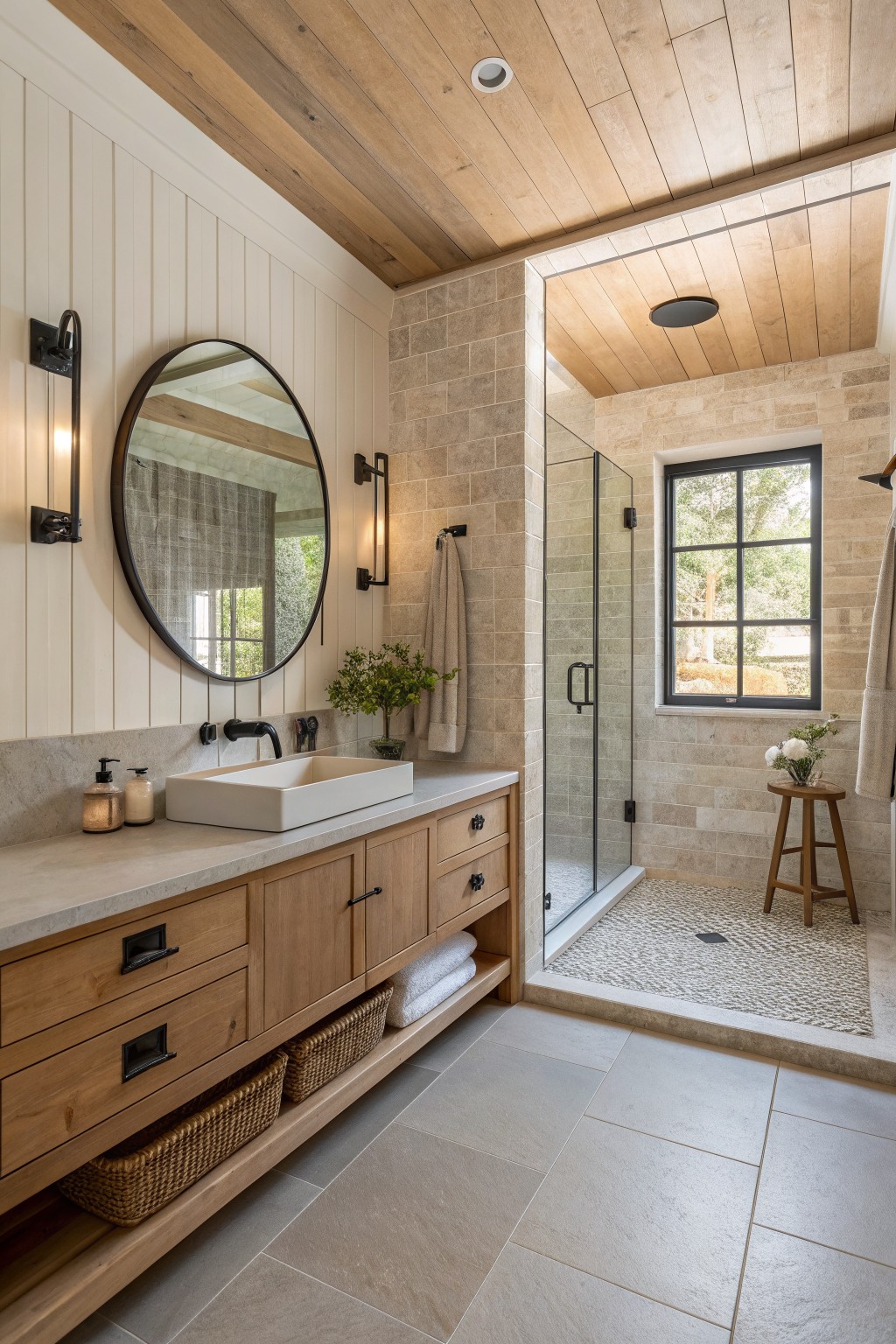 A bathroom interior with a long wooden vanity holding a white vessel sink, round mirror above it, black wall sconces, and a tiled walk-in shower to the right.