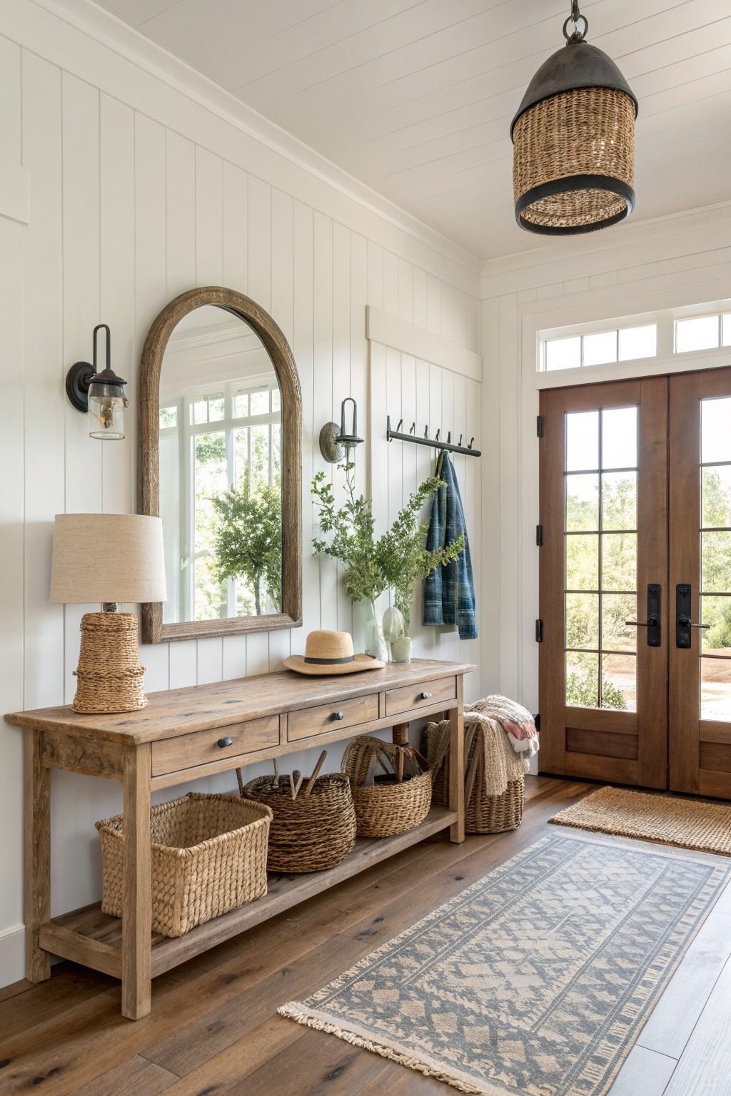 Rustic entryway with wooden console, arched mirror, woven baskets, straw hat, and double doors.