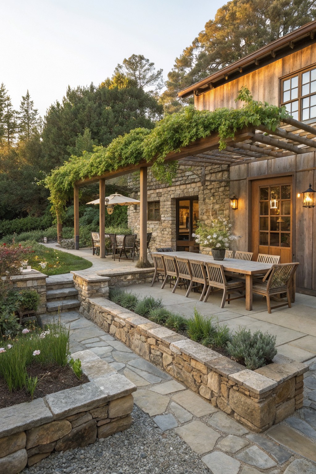 A rustic house exterior with stone walls and wood siding, showing a large wooden dining table under a vine-covered pergola on a stone patio.