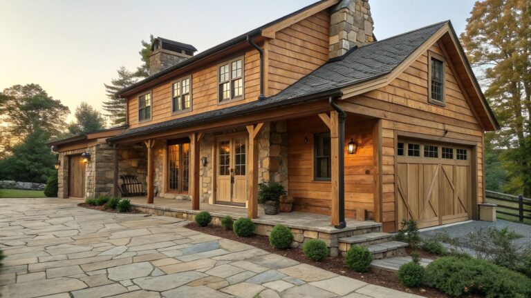 A two-story rustic house exterior with wood siding, stone around the entry and chimney, and a wooden garage door.