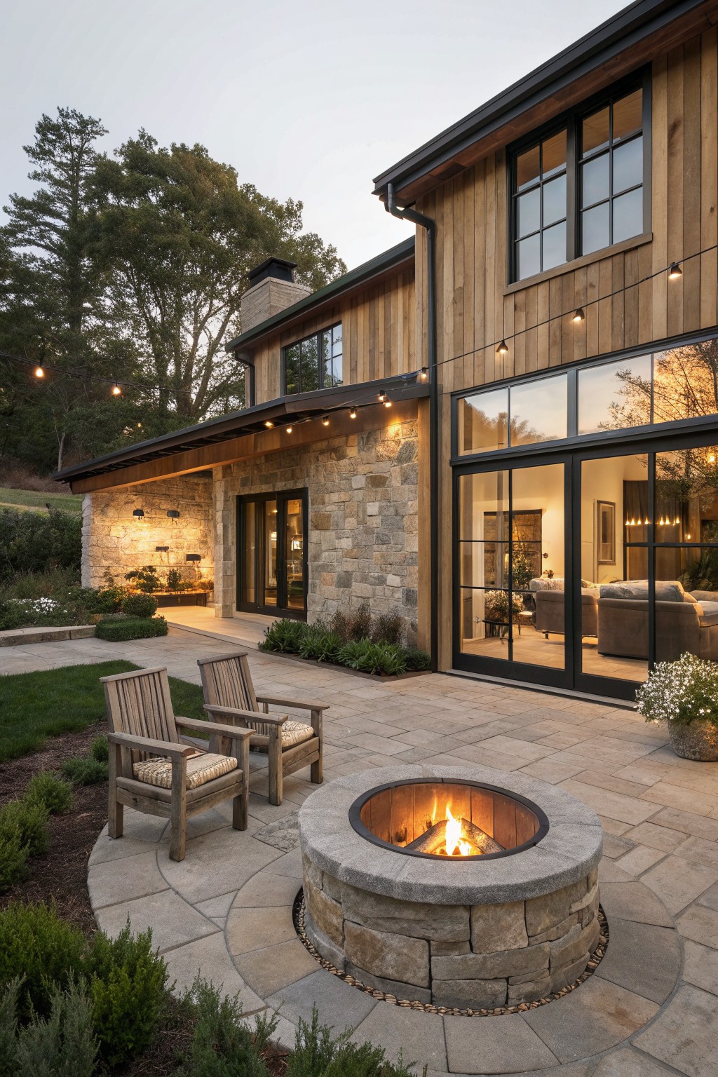 A rustic farmhouse exterior with wood siding and stone walls shows a circular stone fire pit on a paved patio with two wooden chairs nearby.