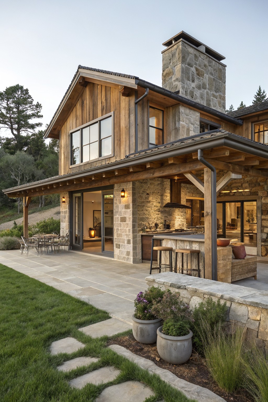A rustic two-story house with wood siding, a prominent stone chimney, and an attached covered patio with an outdoor kitchen and bar stools.