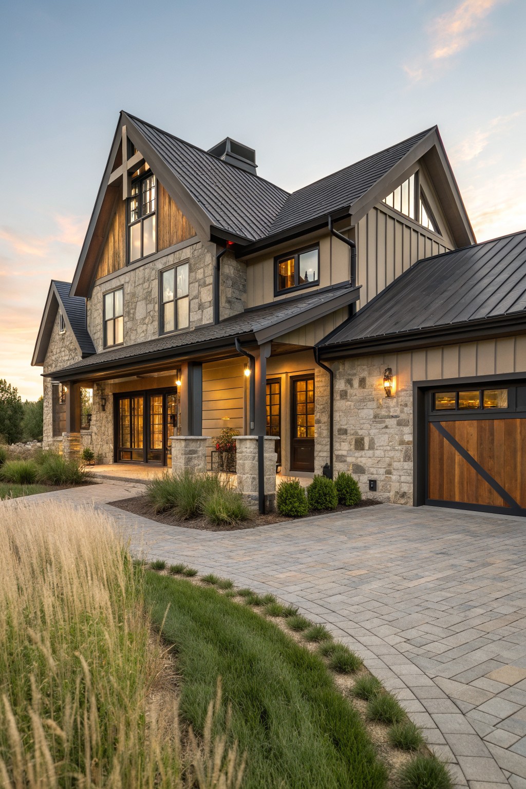 A two-story rustic farmhouse exterior featuring stone and wood siding, a dark metal roof, and a paved driveway with landscaping.