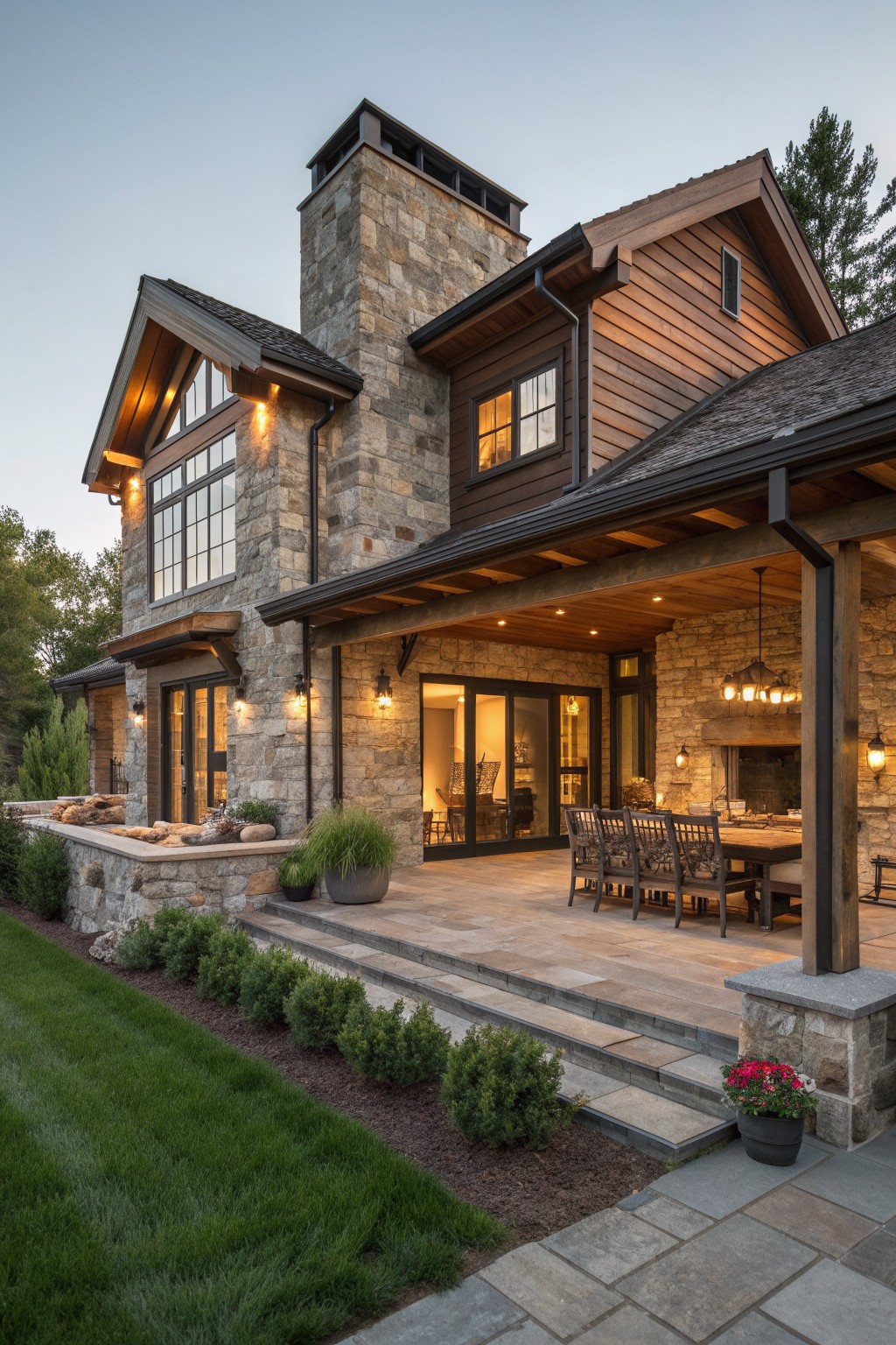 Luxurious stone-and-wood home with covered patio, dining set, and glowing fireplace at dusk
