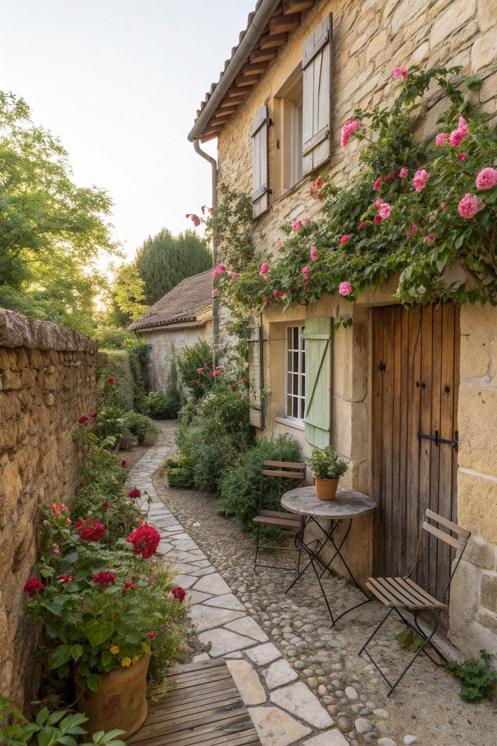 Stone house exterior with wooden door and shutters, climbing pink roses, and a stone pathway.
