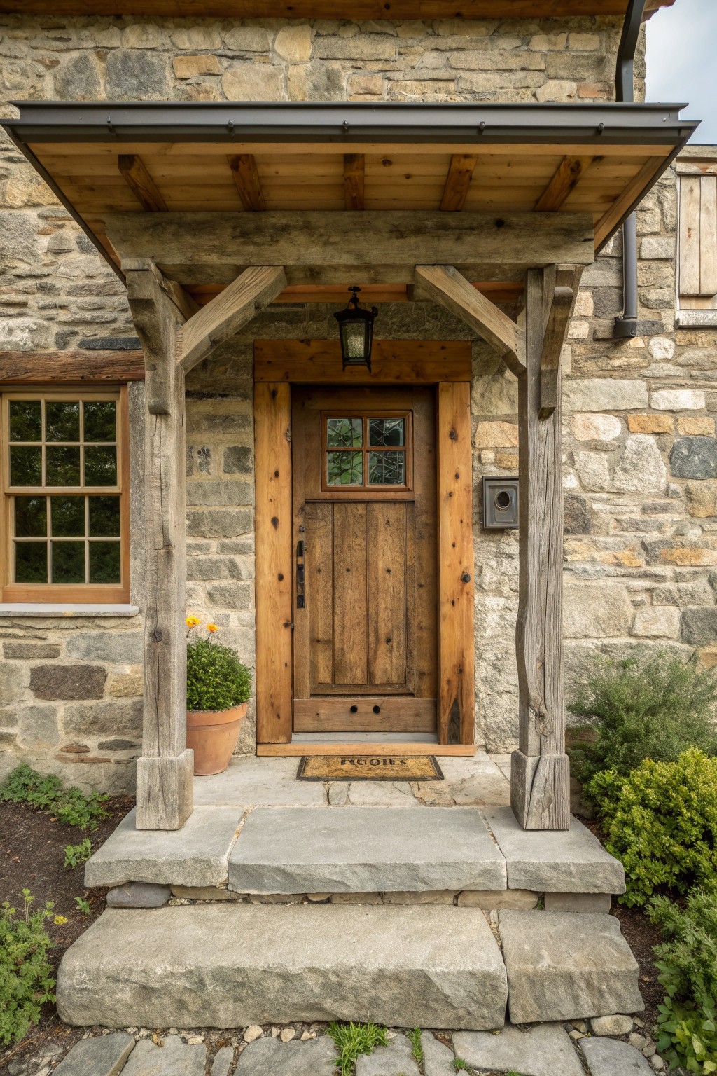 Stone house front with a wooden door under a timber beam overhang, stone steps, and a potted plant beside the entrance.