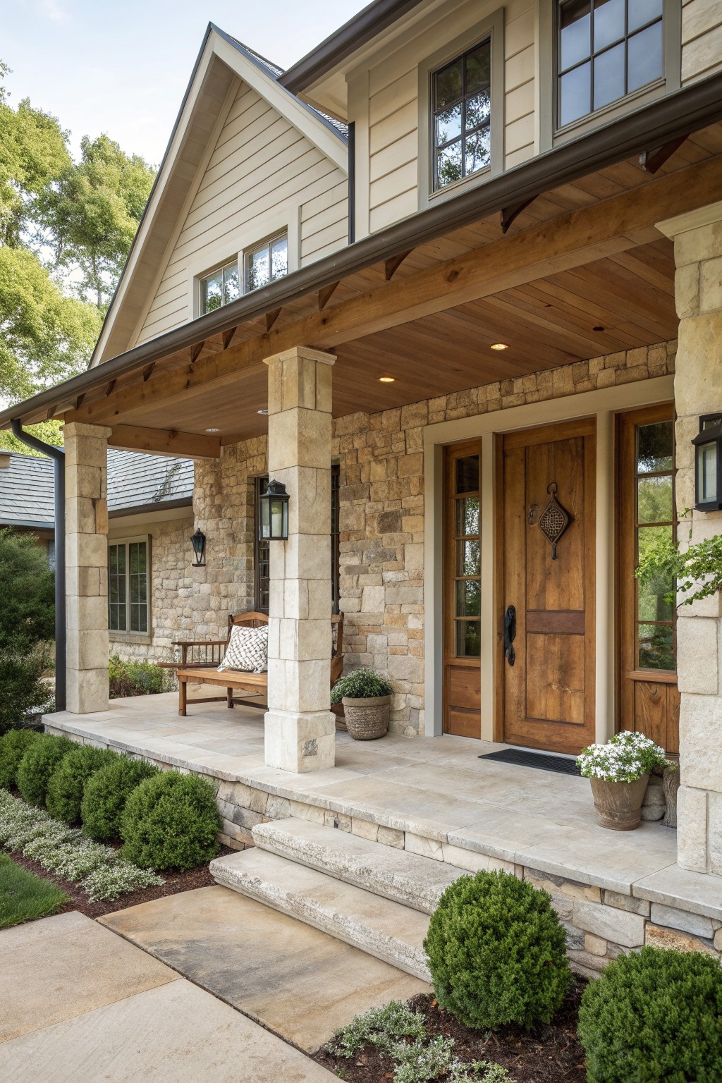 A rustic farmhouse exterior with stone walls, wood siding, a covered porch supported by stone columns, and a wooden front door.