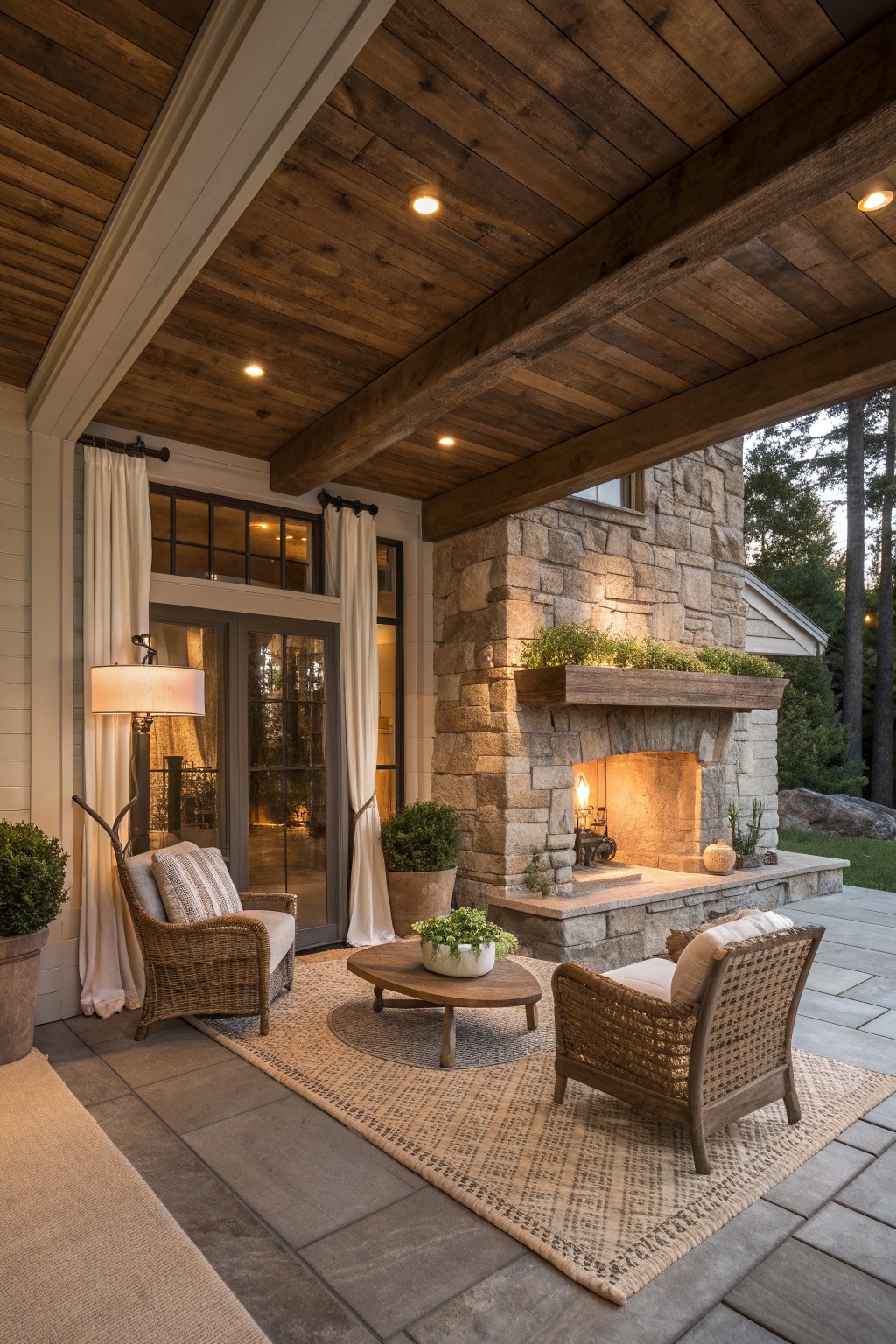 A covered outdoor patio featuring a large stone fireplace, wooden ceiling beams, two wicker armchairs, a round coffee table, and a patterned rug on stone flooring.