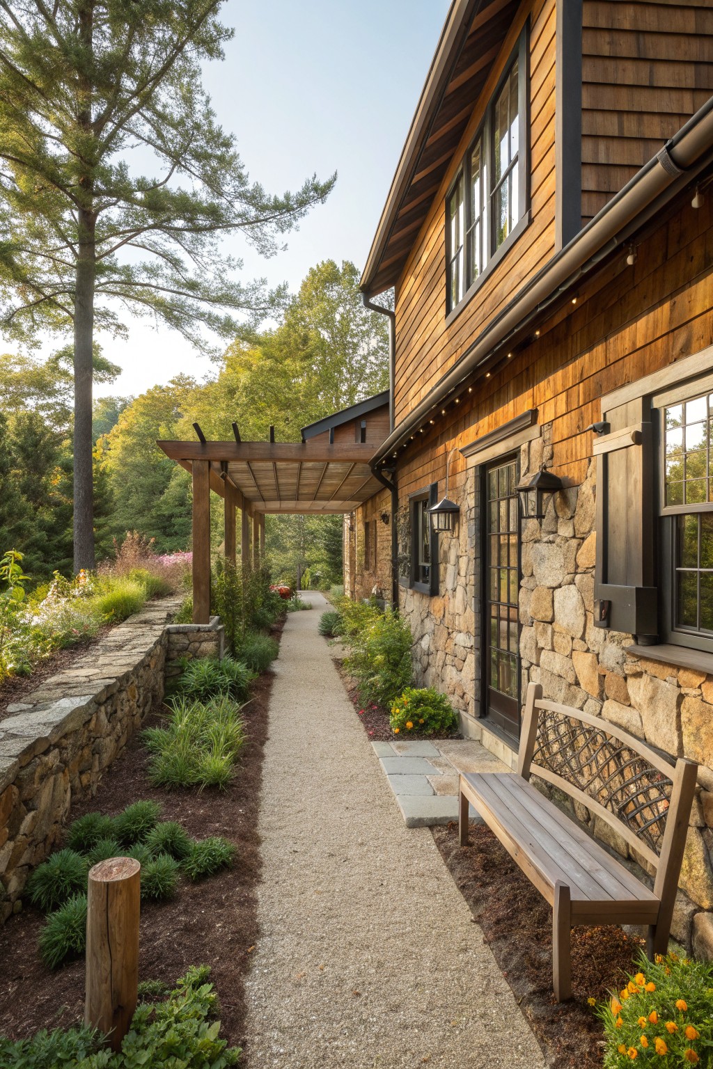 A wooden house with stone walls stands beside a gravel path, wooden bench, and garden plantings.