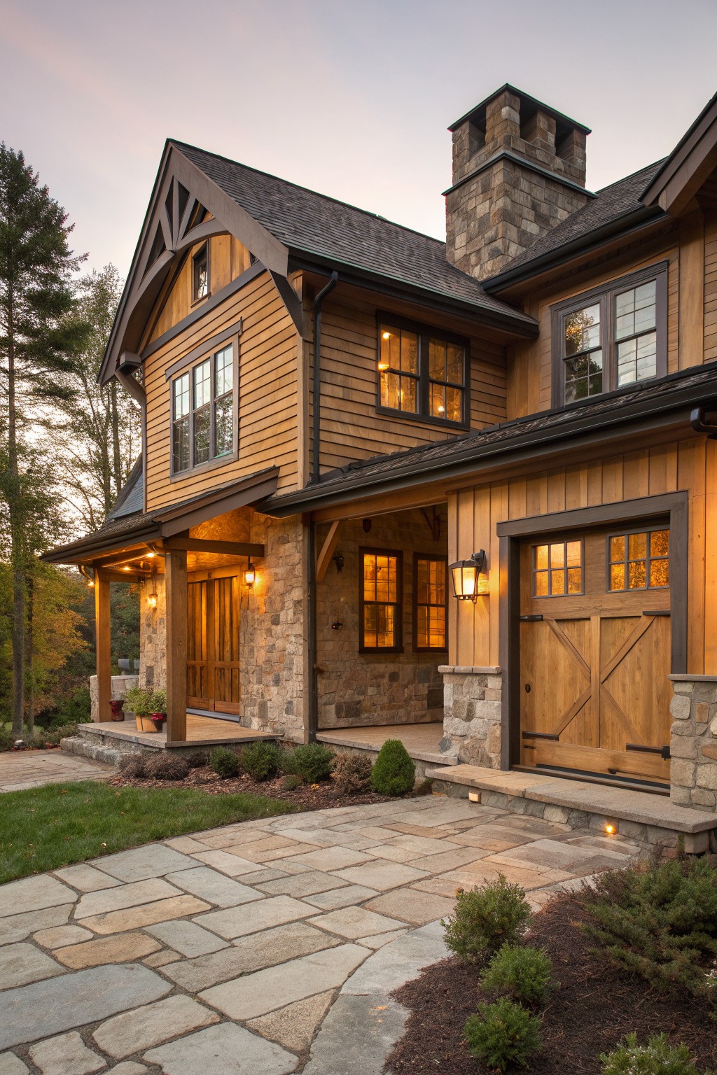 A two-story rustic house exterior with wood siding, stone around the entry and chimney, and a wooden garage door.