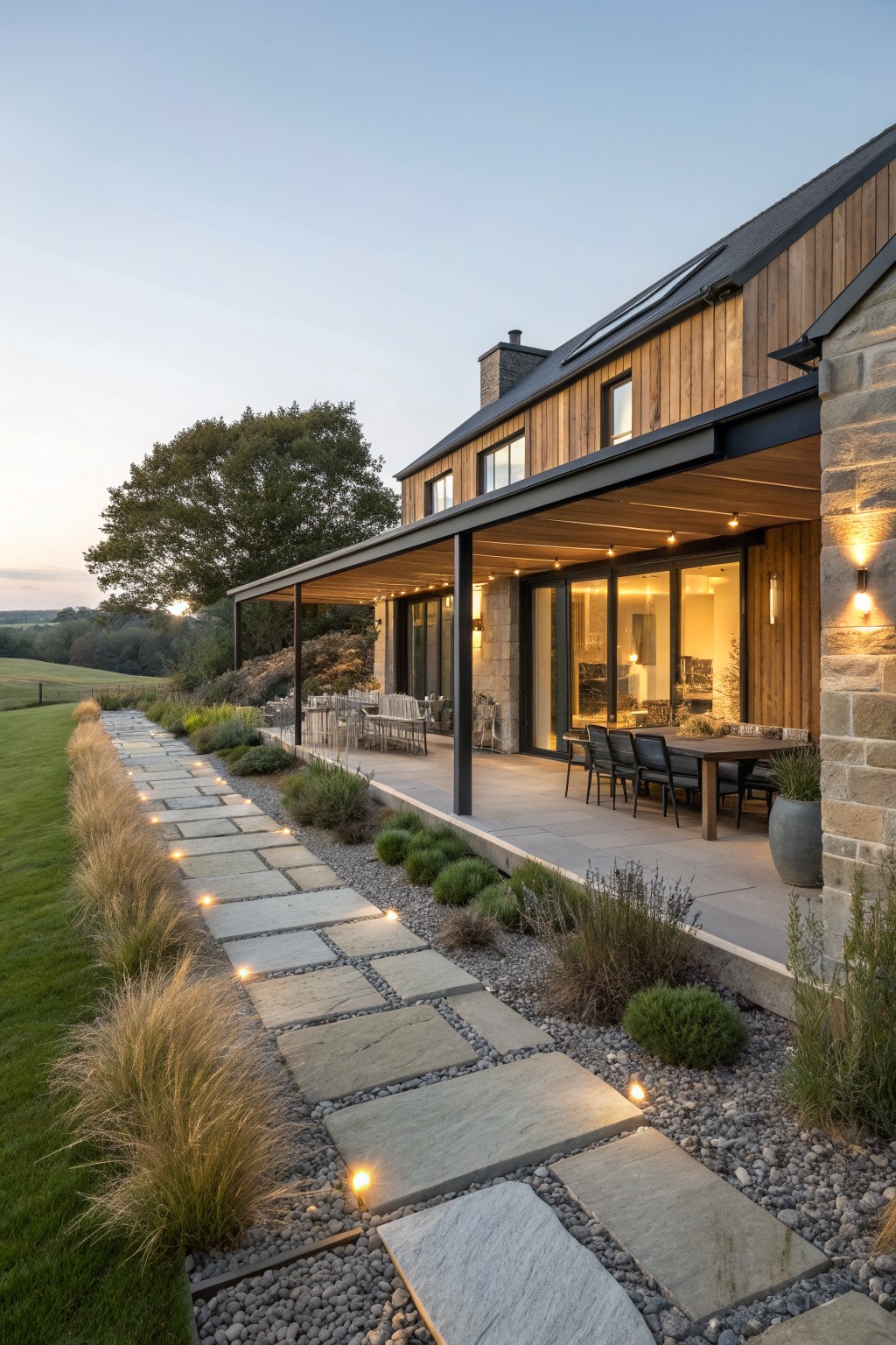 Modern wooden barn house with covered patio, outdoor dining, and illuminated stone pathway at dusk.