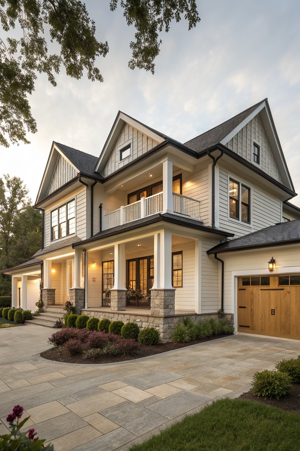 A two-story house with white wood siding, stone on the porch columns and lower walls, a covered front porch, and a wooden garage door on the right.