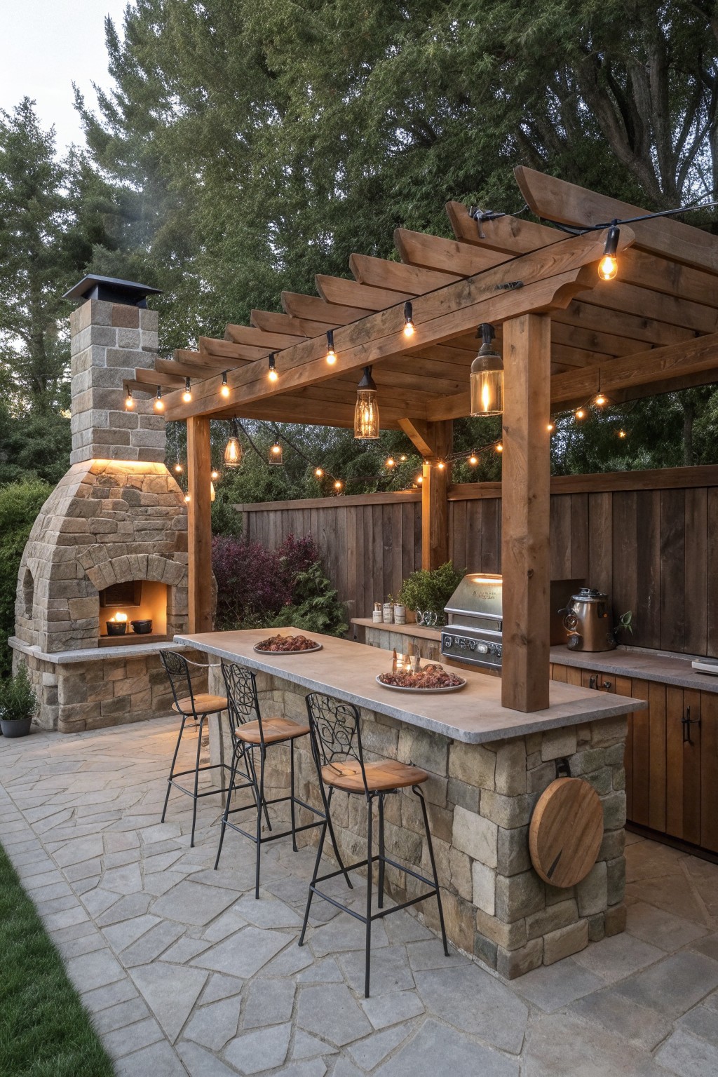 An outdoor kitchen bar made of stone with a wooden pergola overhead, bar stools along one side, a built-in grill, and a stone fireplace to the left.