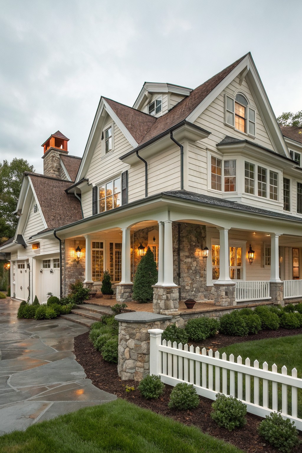 Large white house with stone accents, covered porch, and white picket fence