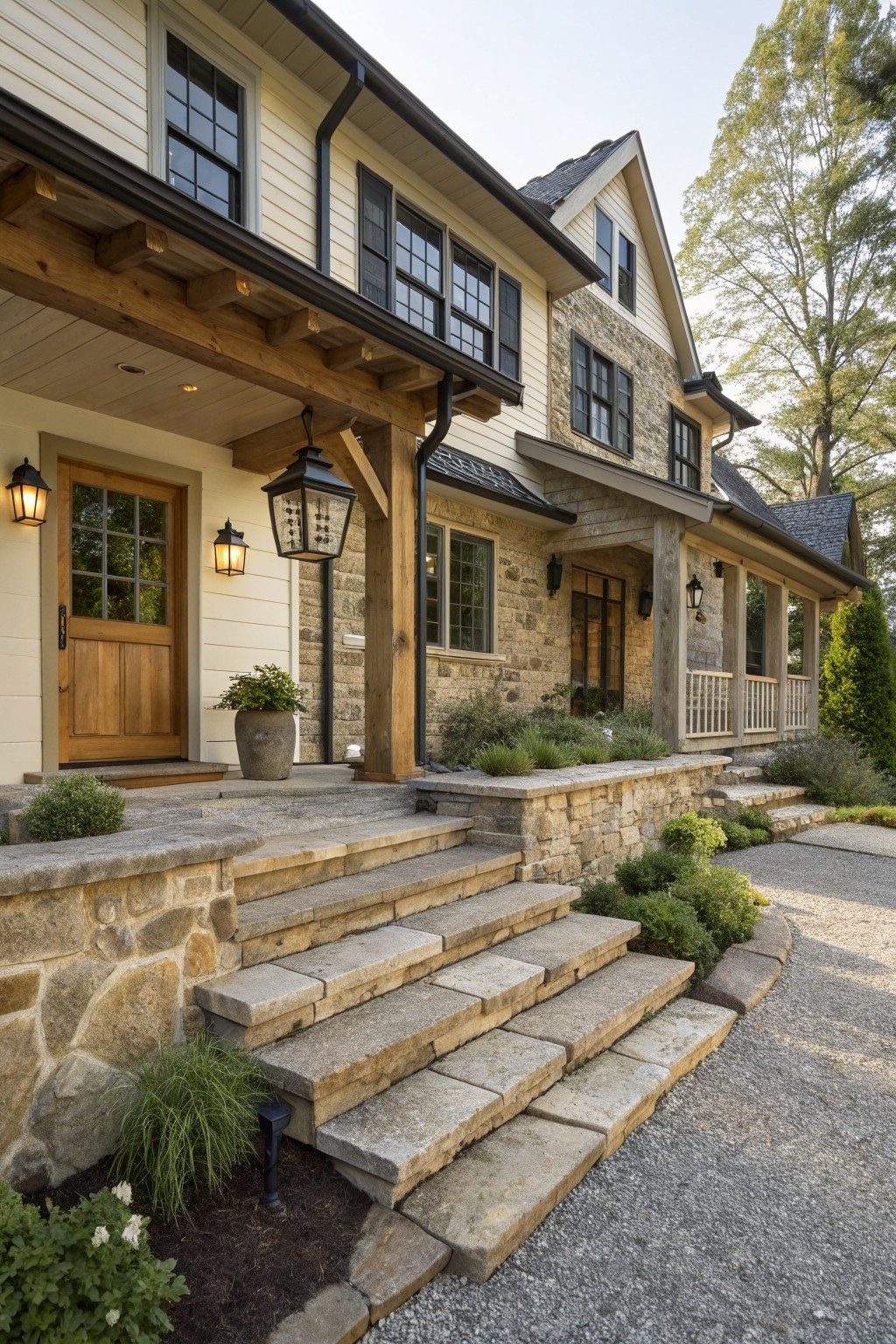 A two-story house exterior with cream wood siding, stone lower walls and accents, wooden beams, a wooden front door, and wide stone steps leading to a covered porch.