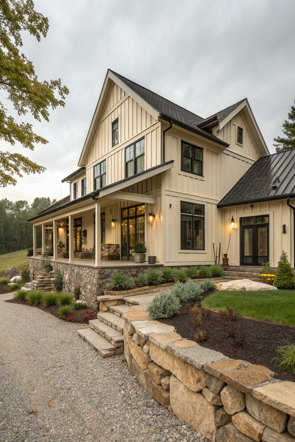 Large beige farmhouse with dark roof, stone walls, porch, and landscaped garden path
