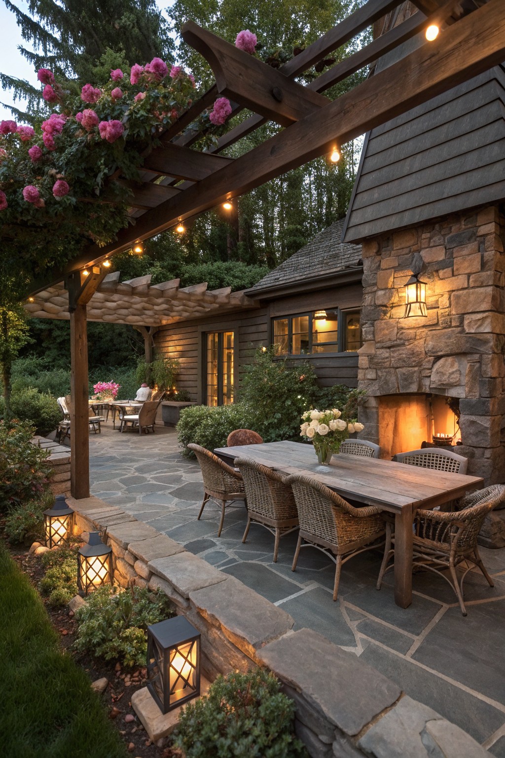 A stone patio with a wooden pergola overhead strung with lights, a long wooden dining table surrounded by wicker chairs, and a large stone fireplace attached to the house.