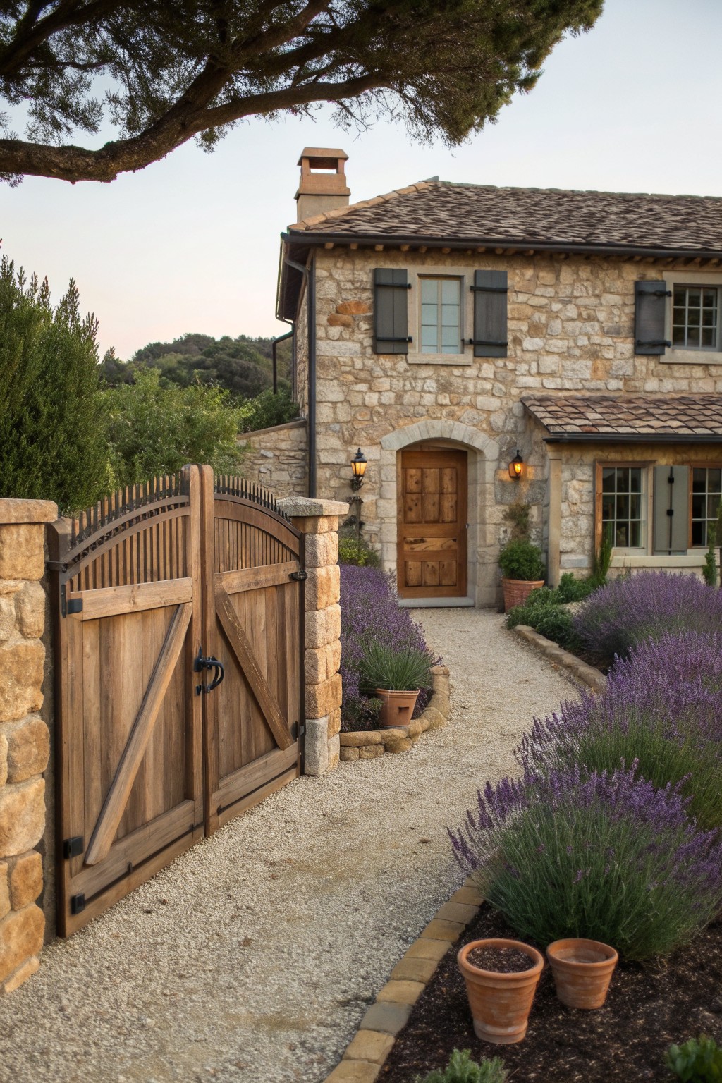 A stone farmhouse with a wooden gate open to a gravel path, an arched wooden door, and lavender plants along the walkway.