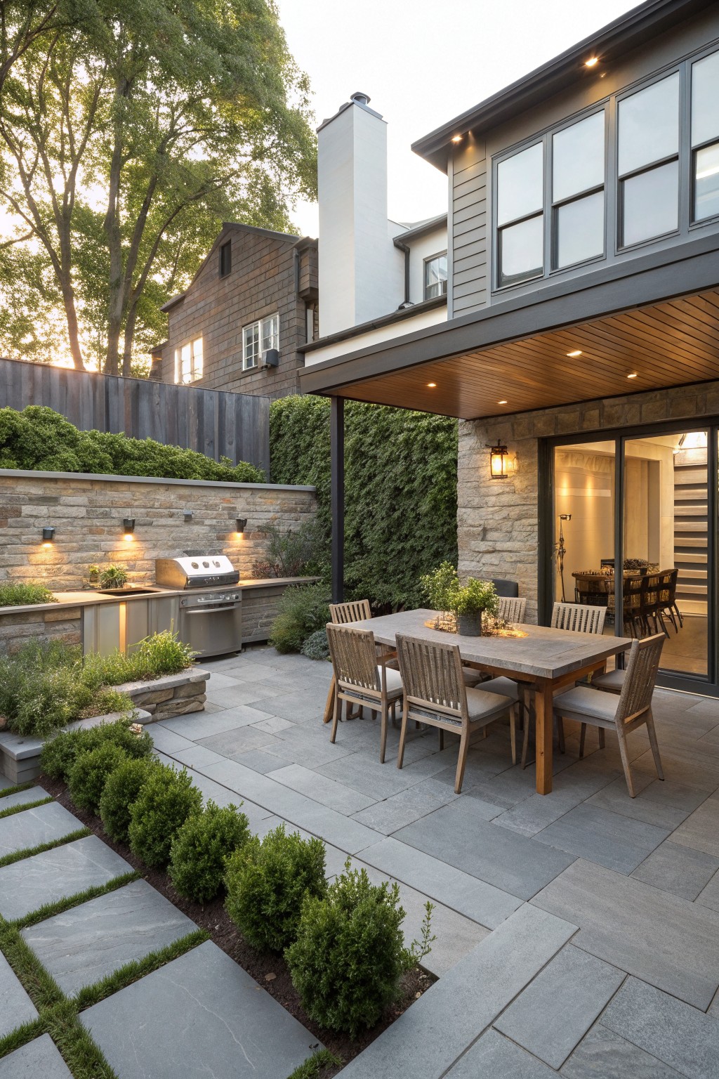 Modern backyard patio with wooden dining table, chairs, and outdoor kitchen at dusk