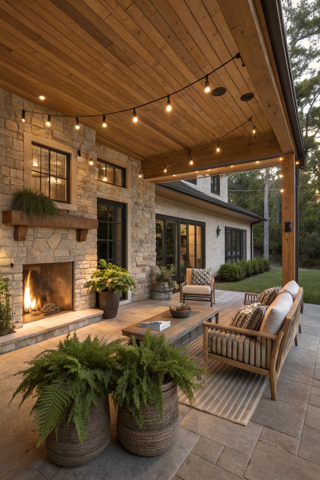 A covered porch with a stone fireplace, wooden ceiling, string lights, outdoor sofa, coffee table, and large potted ferns.