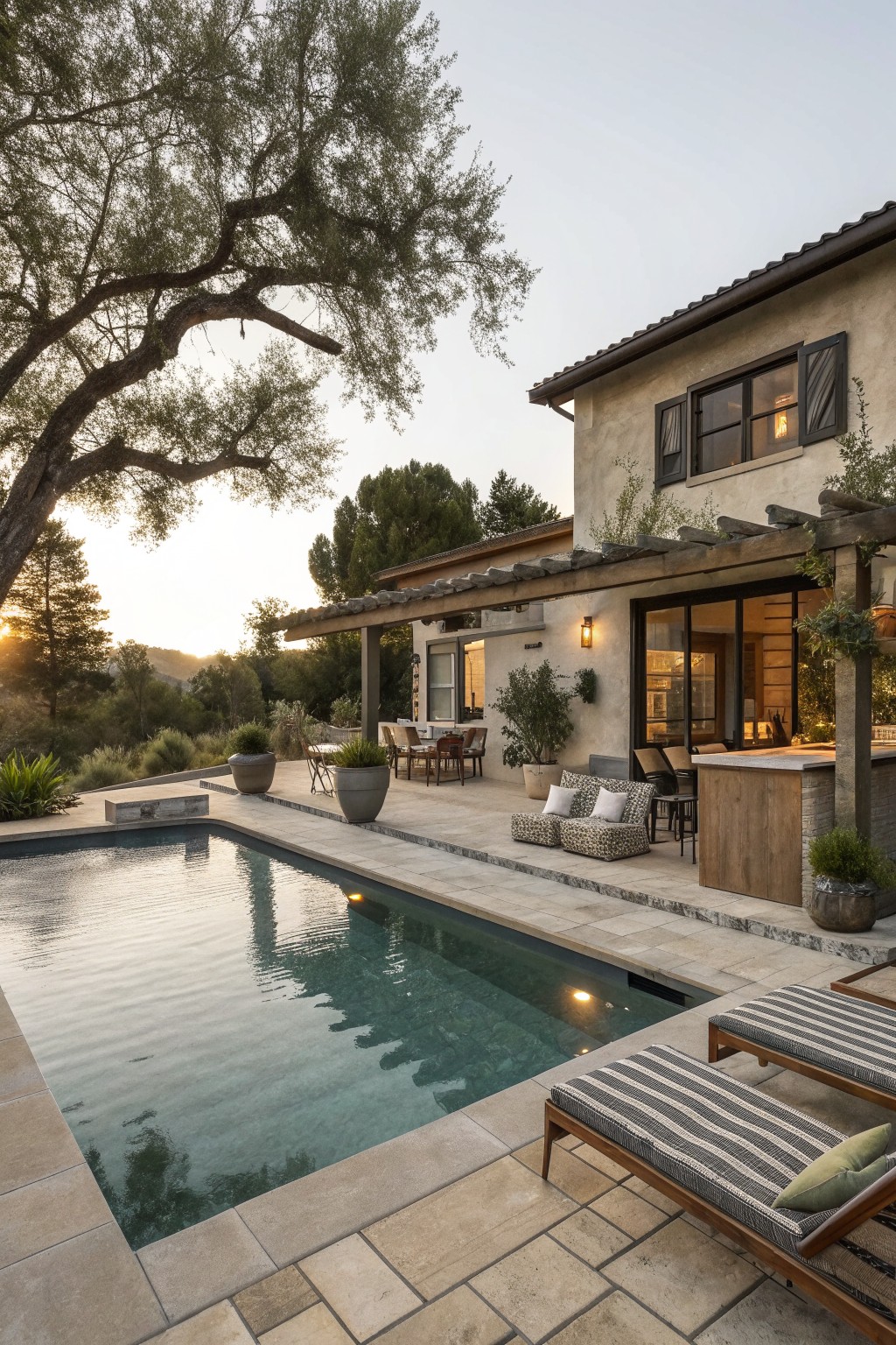 A long rectangular pool with stone decking sits in front of a stucco house, featuring an outdoor wooden bar, striped lounge chairs, covered seating, and a pergola.